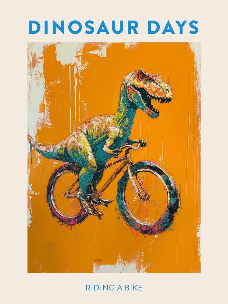 Orange-Blauer Dinosaurier fährt Fahrrad Poster