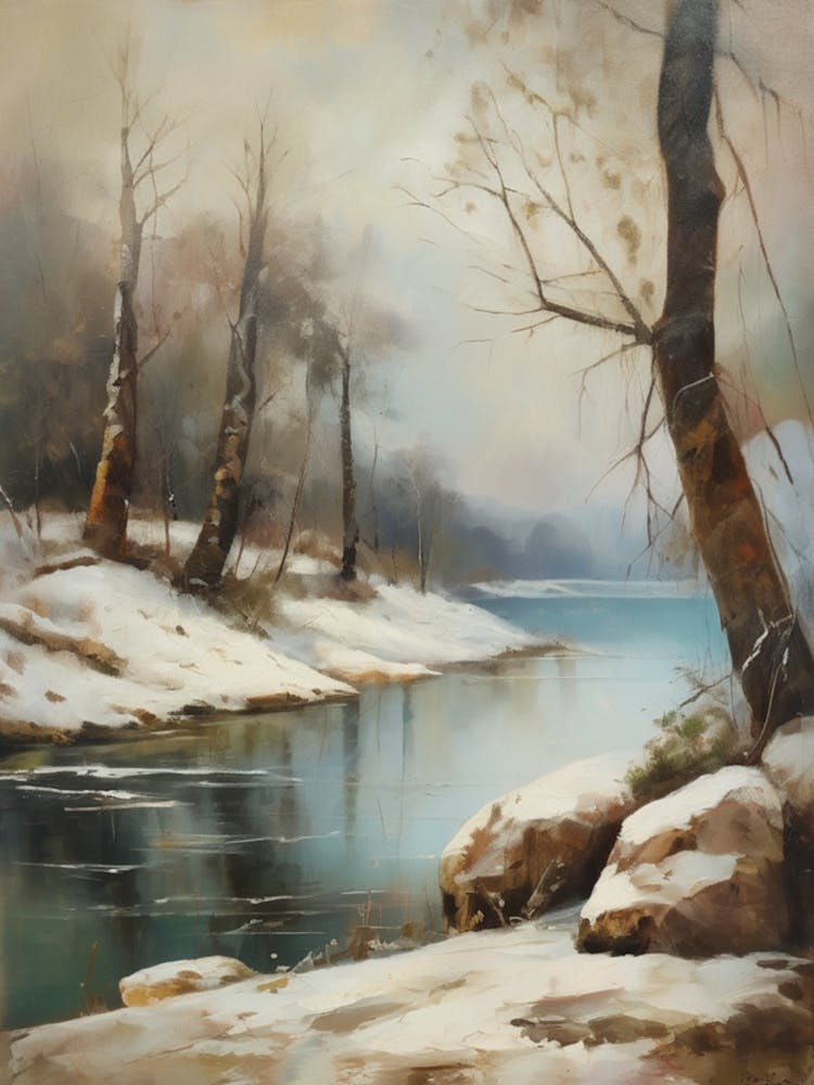 Ancient landscapes, old winter oil paintings and rocks around the lake bank. Snow is falling on the lake, old colors.2 2