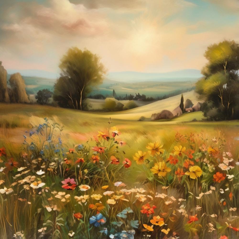 Meadow.An elaborate work of art about nature in the countryside of old England, antique oil colours, the touch of a creative artist.
