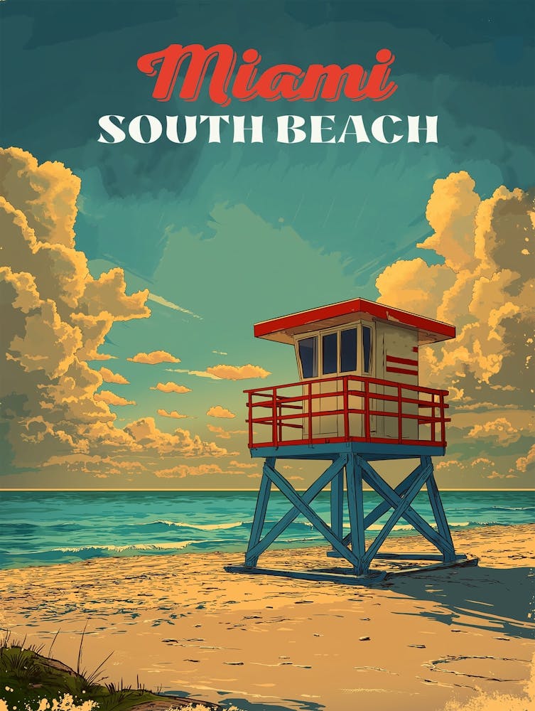 Vintage South Beach Miami Poster - Retro Art Deco Oceanfront Tropical