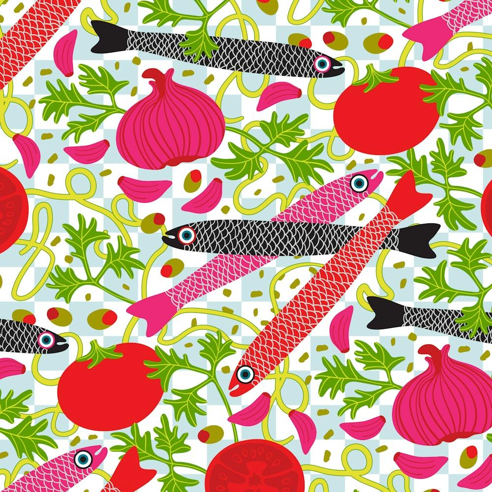 PASTA CON MOLLICA DI PANE Gourmet Italian Food with Anchovy Fish Spaghetti Tomatoes Garlic Herbs in Bright Red Pink Black Green on Checkerboard