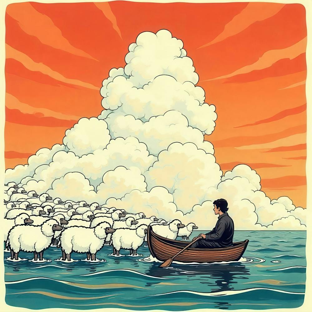 Man In A Boat With Sheep