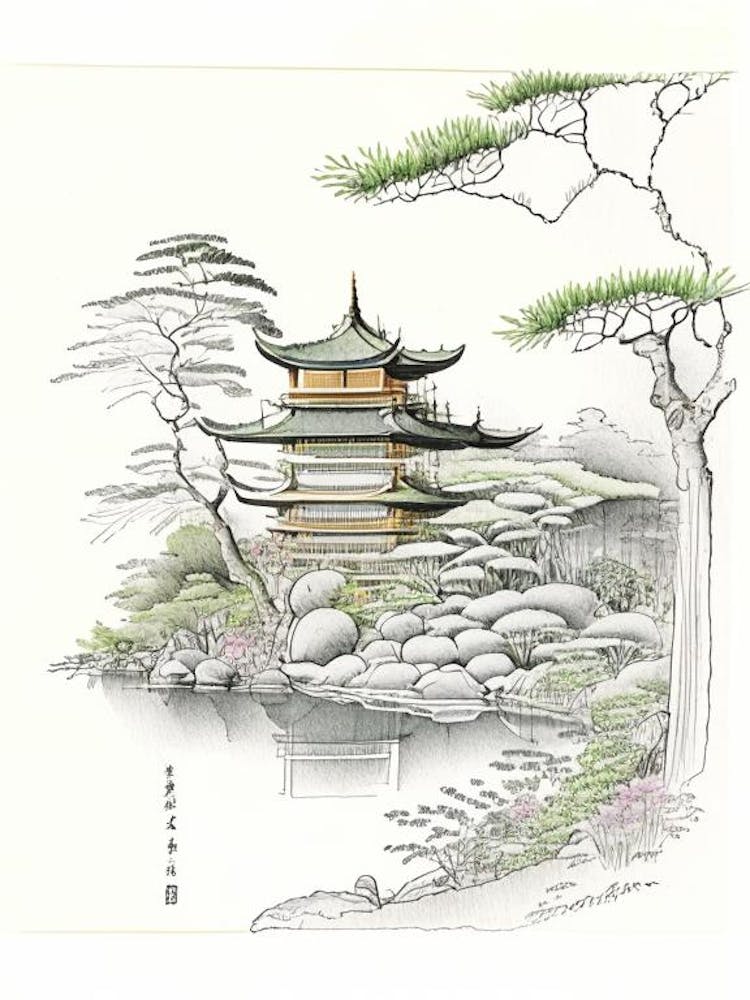 Ginkaku Ji, Japan Vintage Pencil Drawing
