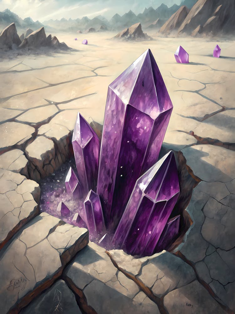 Oil Painting Style Vivid Amethyst Crystals Desert Landscape & Precious Stones