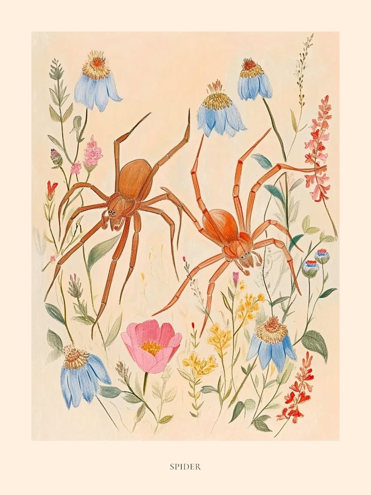 Folksy Floral Animal Drawing Spider 2 Poster