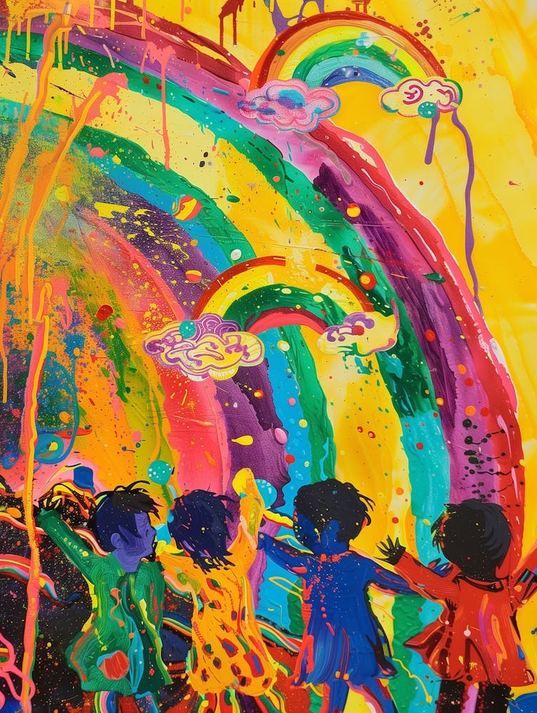 Multicultural Children Playing With The Rainbow, Abstract, 300 Dpi, Vibrant Colors, Colorful, Ultra Realistic, Ultra Detailed, Bansky Style, Van Gogh Style, Cinematic, Trippy