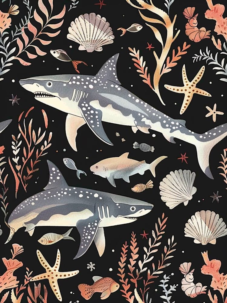 Shark Seascape Black Background Illustration 1