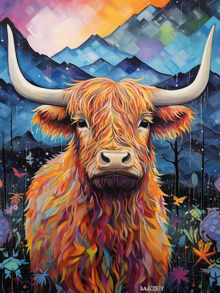 Colourful Patchwork Illustration Of Highland Cow Mountain Background