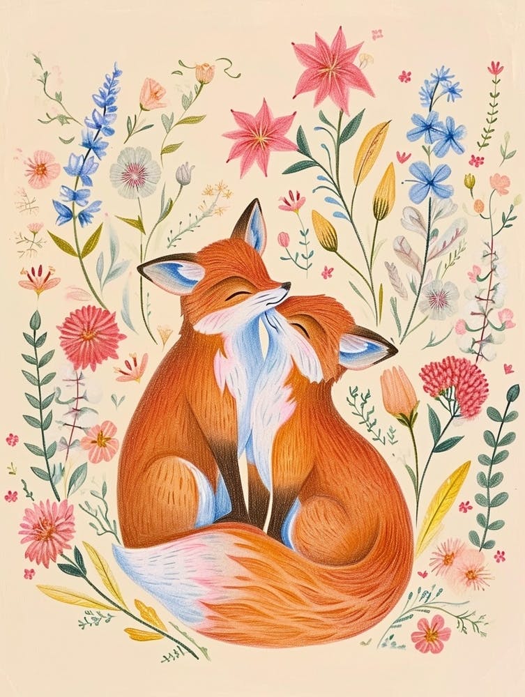 Folksy Floral Animal Drawing Fox 2