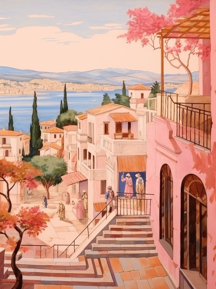 Kusadasi Turkey 3 Vintage Pink Travel Illustration
