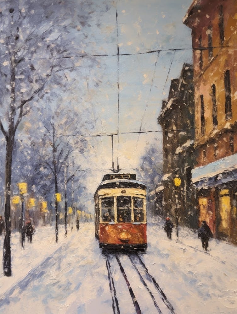 Vintage Winter Painting Frankfurt Germany 1