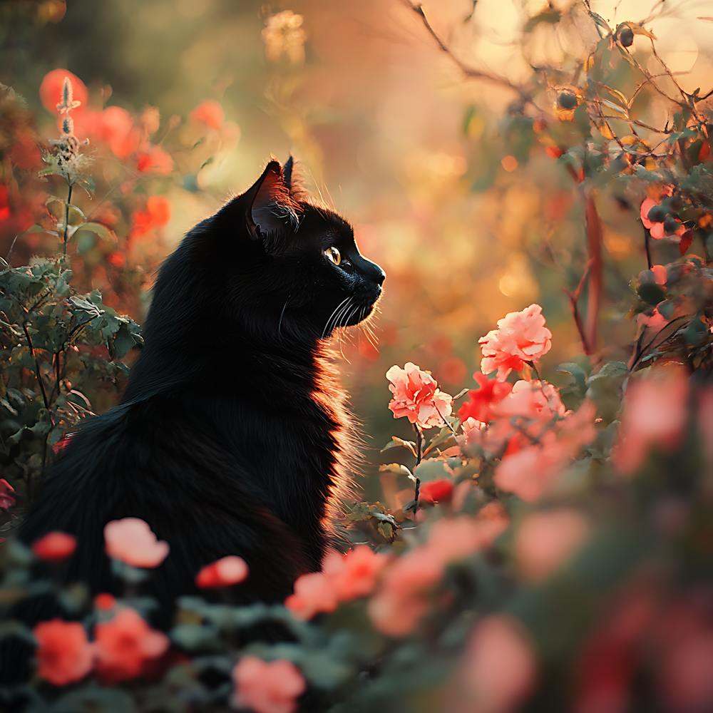 Black Cat in a Floral Sunset Garden 11