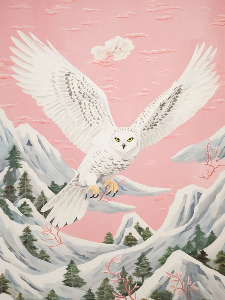 Vintage Japanese Inspired Bird Print Snowy Owl 2
