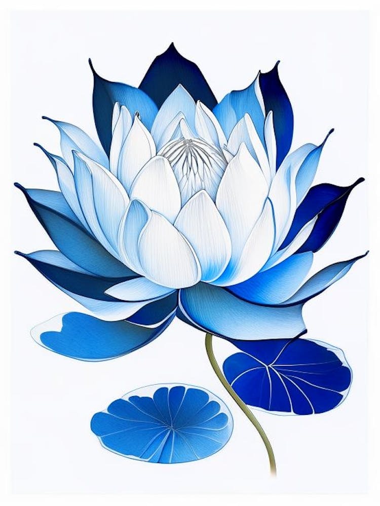 Lotus Flower And Water Symbol Blue And White Line Drawing