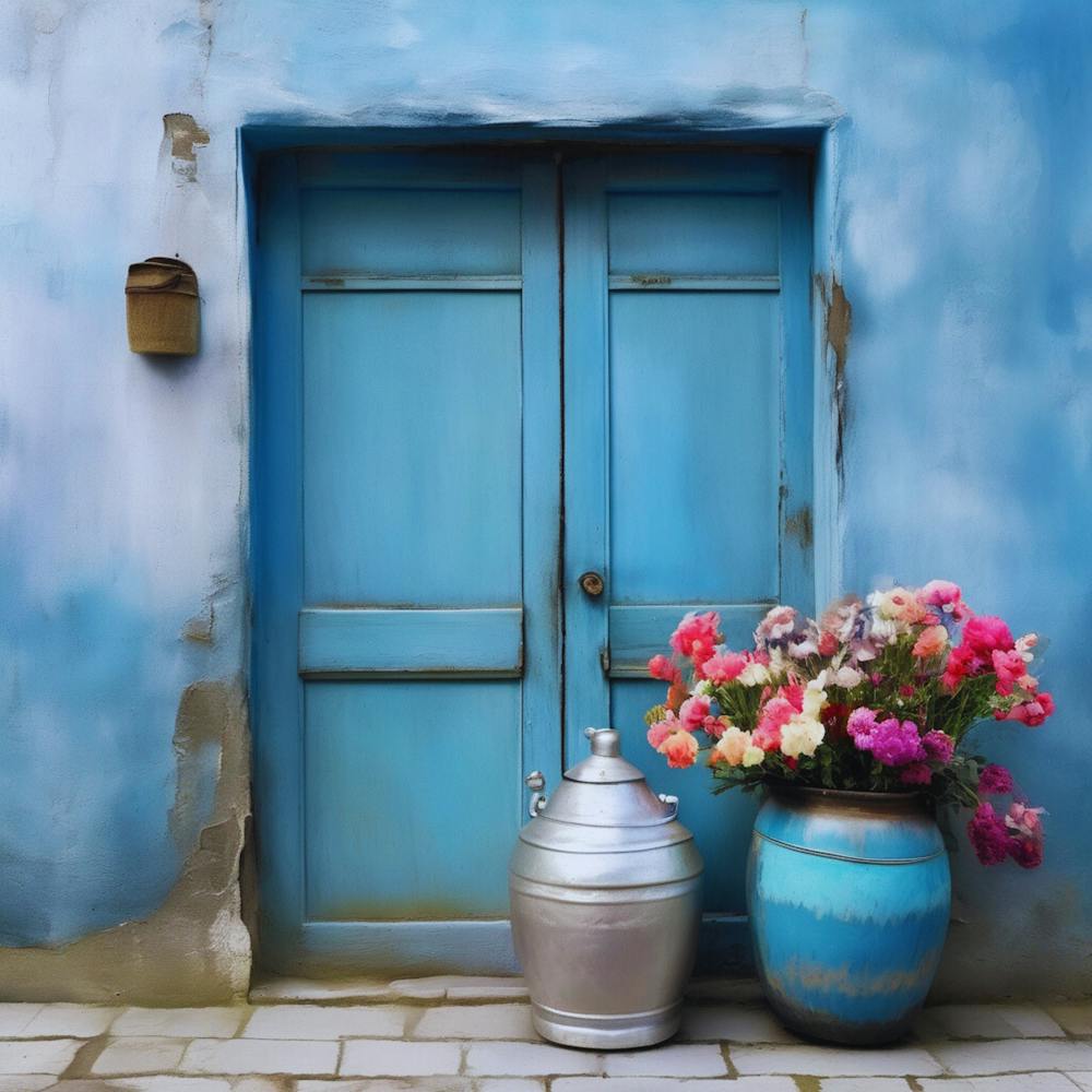 Blue wall. An old-style door in the middle, silver in color. There is a large pottery jar next to the door. There are flowers in the jar Spring oil colors. Wall painting.14