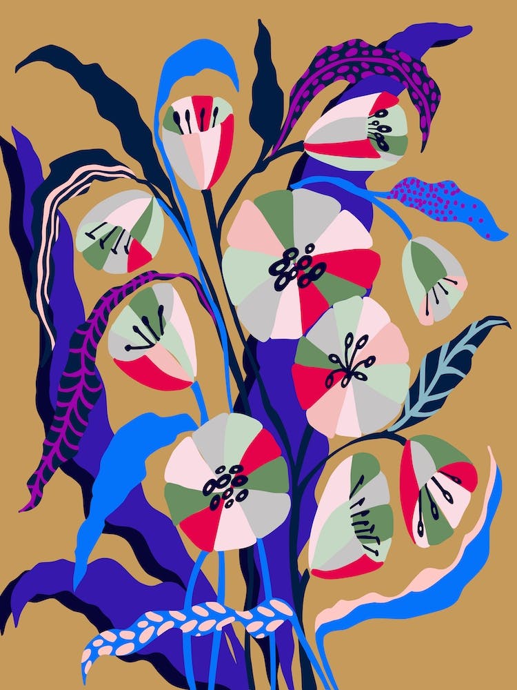 Nature Morte Fleurs d'Automne Ocre et Bleues