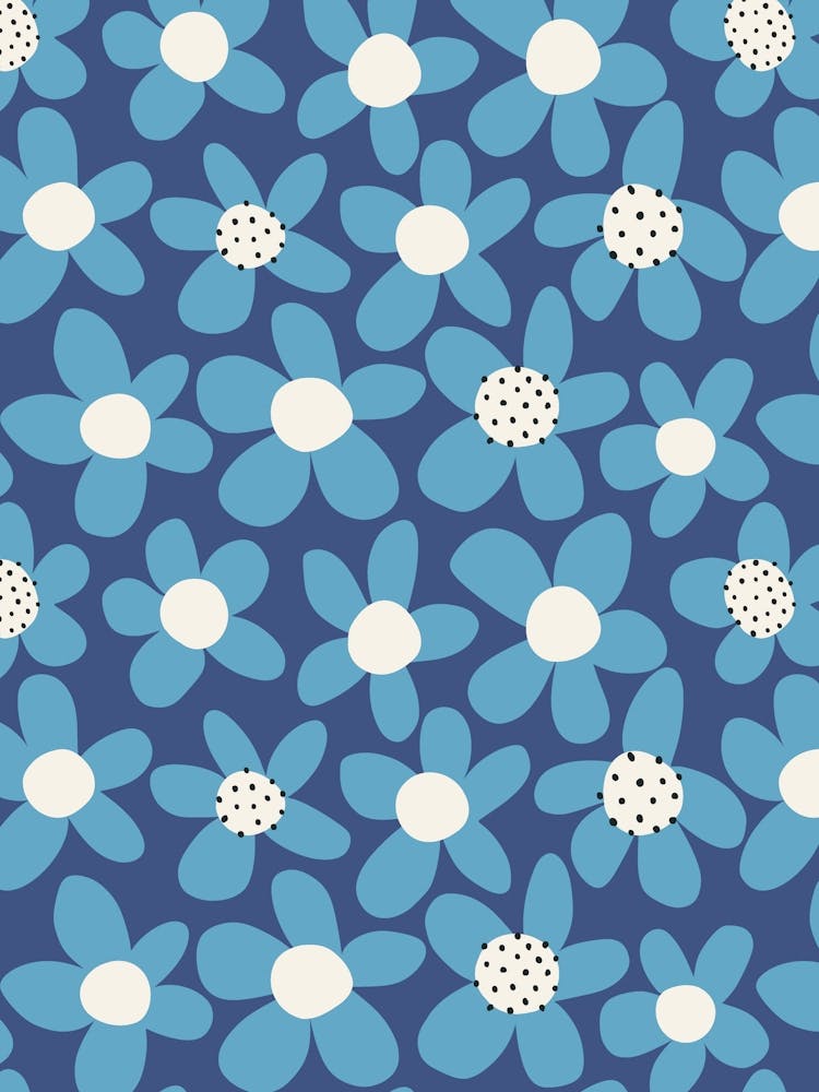 Playful Blooming Flowers Sky Blue On Light Navy