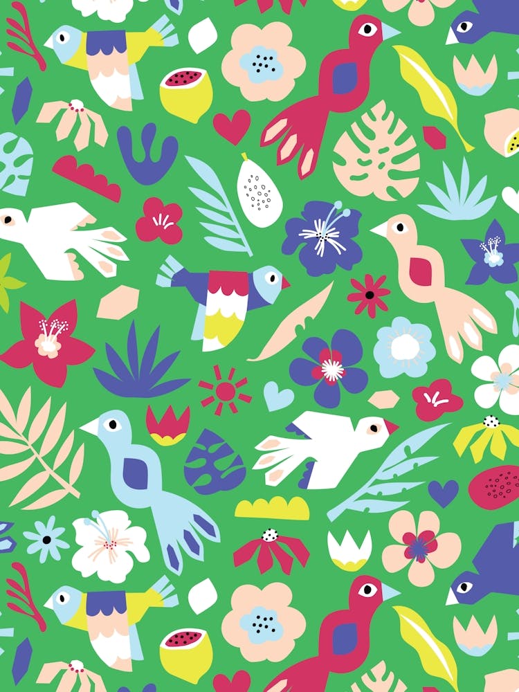 Scherenschnitt-Collage Exotische Vögel, Früchte und Blumen – Grün Blau Magenta Gelb