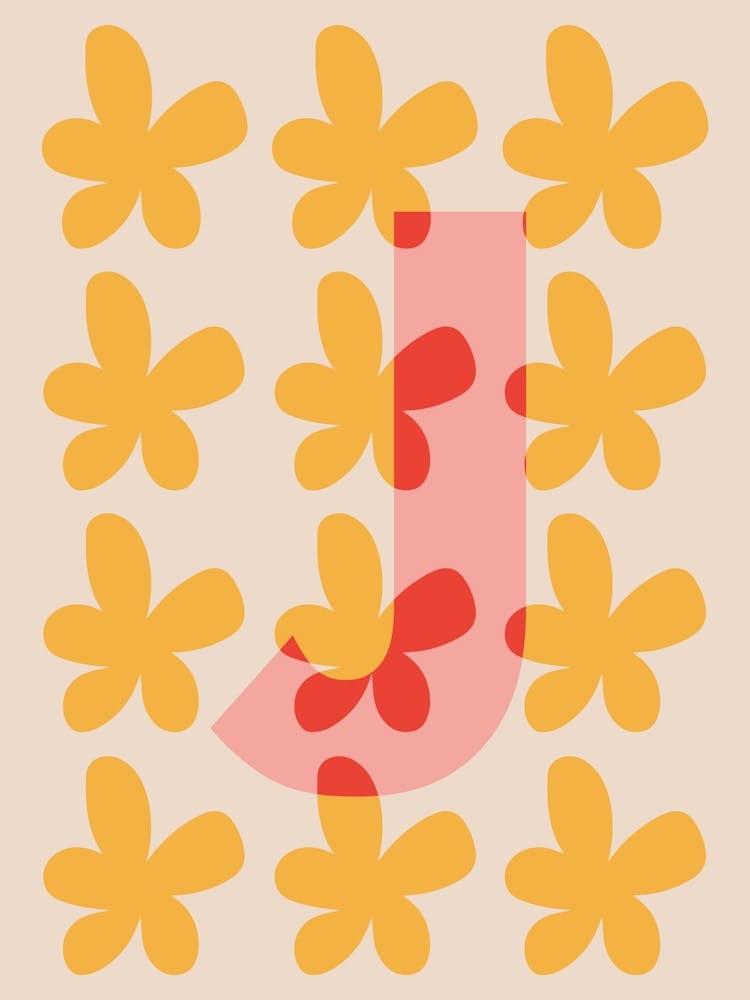 Impression Fleur Alphabet Lettre J - Rose, Jaune, Rouge