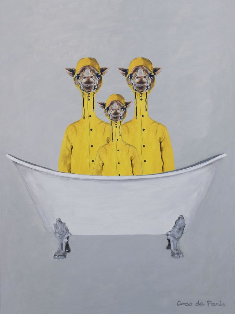 Giraffes In Raincoats In Bathtub