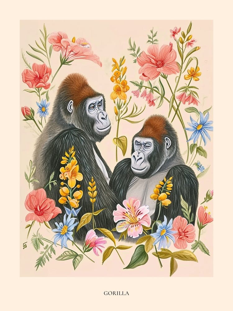 Folksy Floral Animal Drawing Gorilla 5 Poster