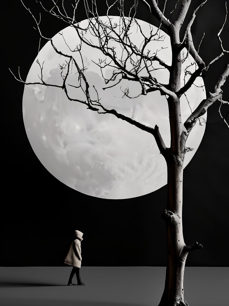 Surreal Moonlight Walk with Tree - Black and White Minimalist Art