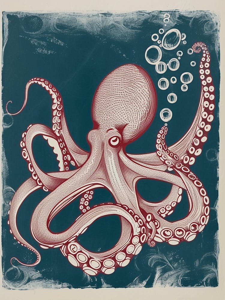 Octopus Making Bubbles Linocut Inspired 1