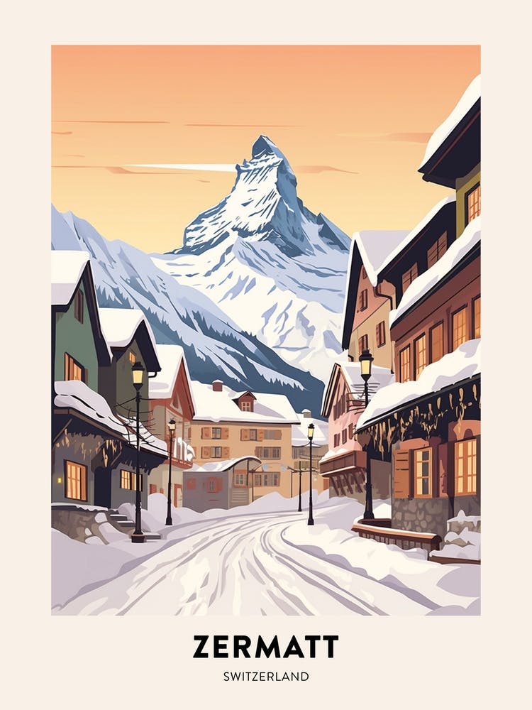 Vintage Winter Travel Poster Zermatt Switzerland 2