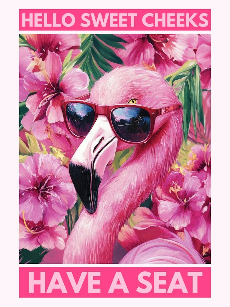 hello sweet cheeks have a seat Funny flamingo bathroom artwork in a playful kitsch aesthetic and pink colors, colorful illustration in the style of 50s retro pop perfect for powder rooms, quirky spaces 1