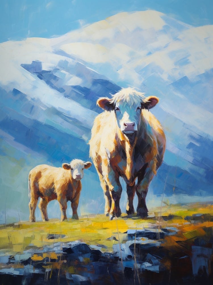 Highland Cow & Calf In The Snowy Mountains
