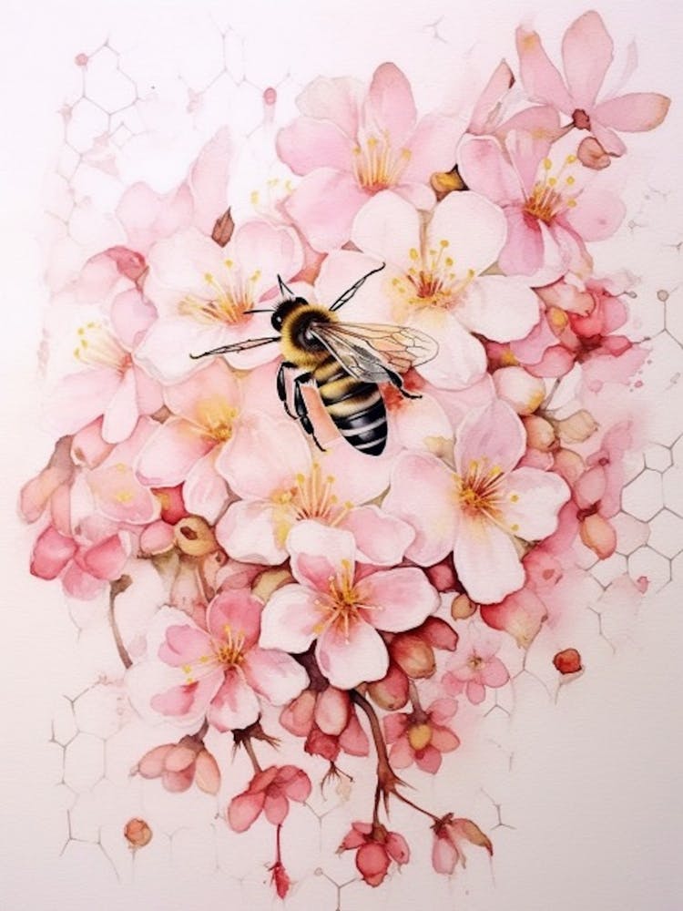 Beehive With Cherry Blossom Watercolour Illustration 1