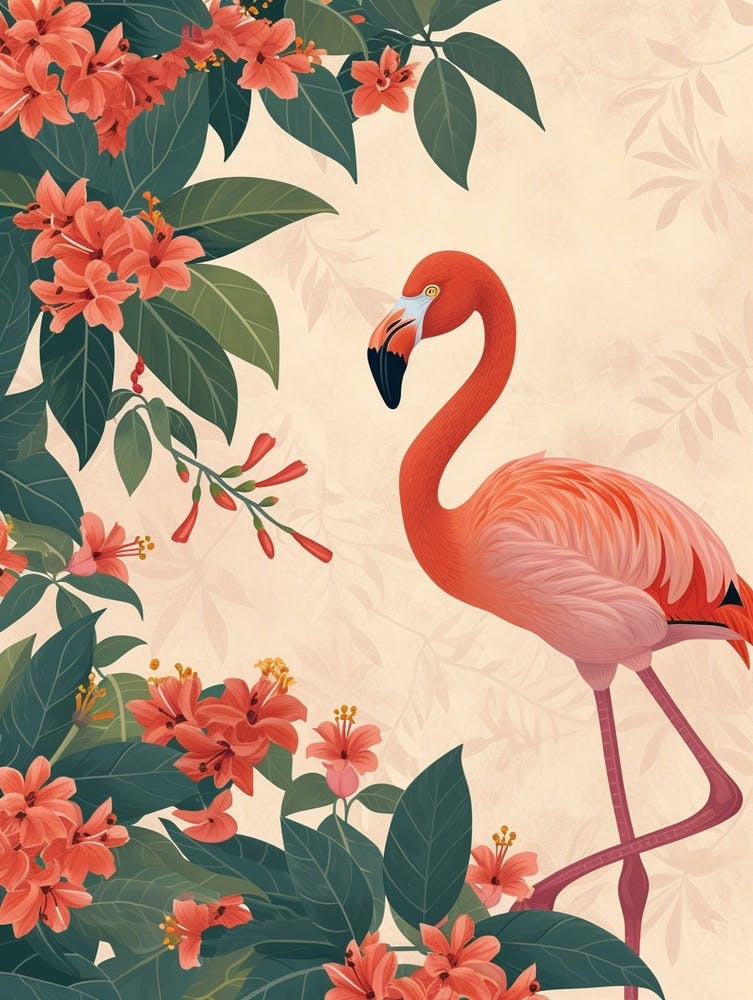 Andean Flamingo And Bougainvillea Minimalist Illustration 4
