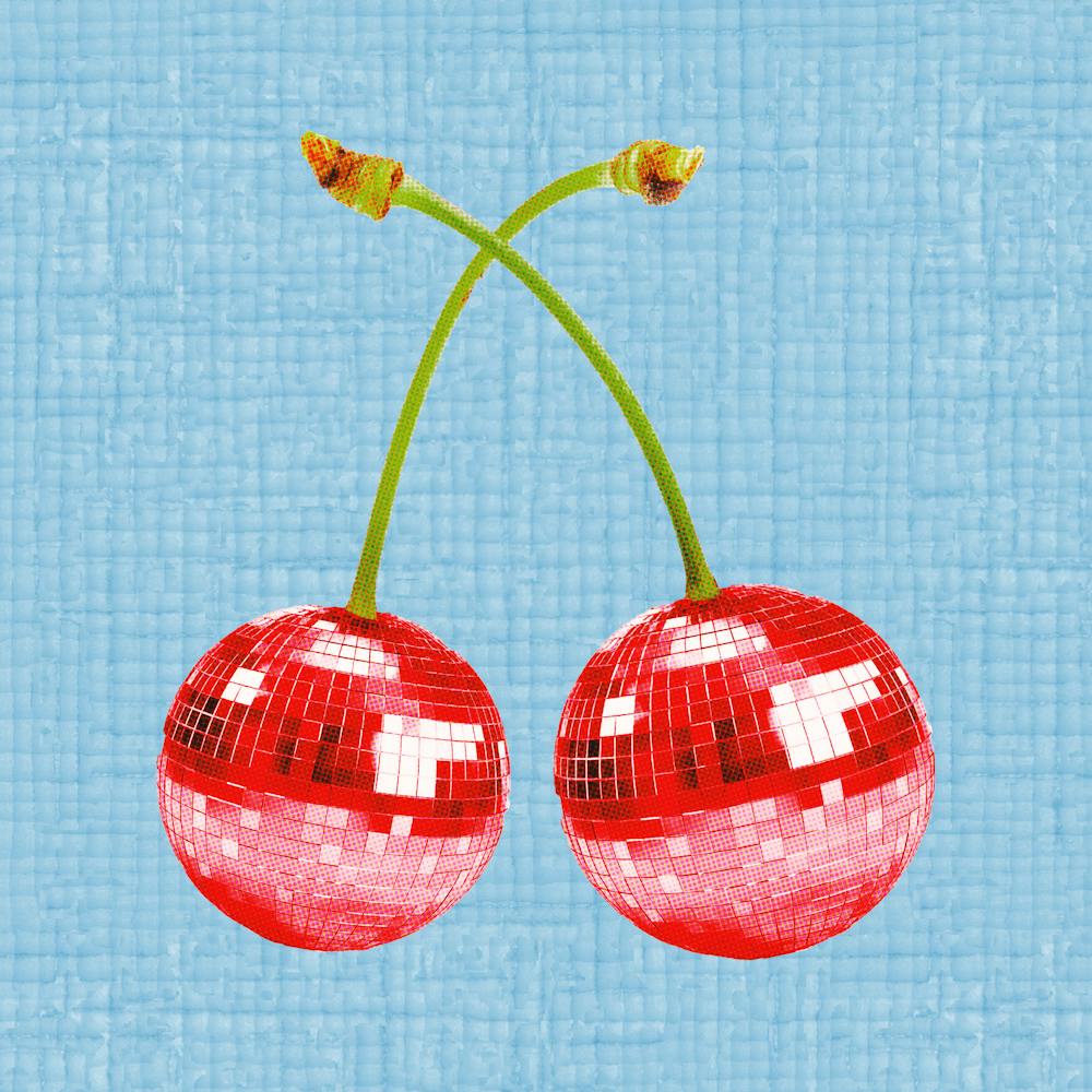 Retro Mirrorball Disco ball Cherries, 70s vibes, retro vibes cherries, Red Disco ball