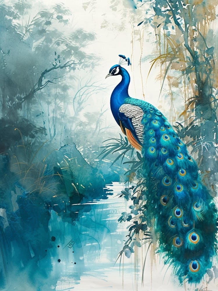 Peacock On A Tree Branch Watercolour 1