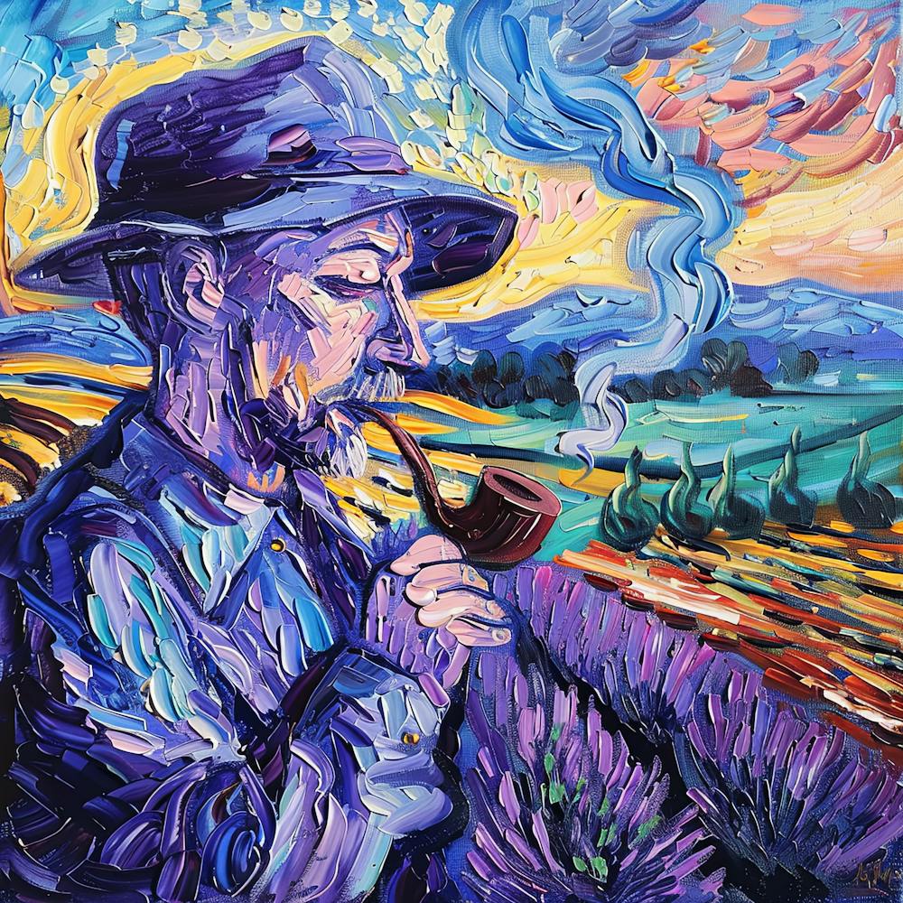 Van Gogh Style: Pipe Smoker in Lavender Field