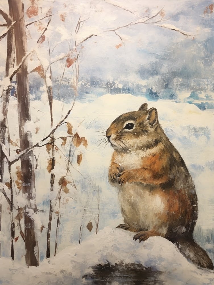 Vintage Winter Animal Painting Chipmunk 1