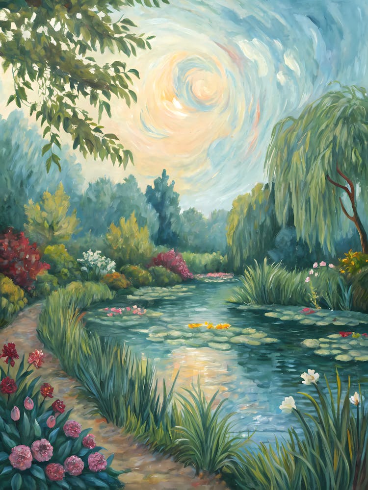 Van Gogh Inspired Pond Impressionist Garden Landscape
