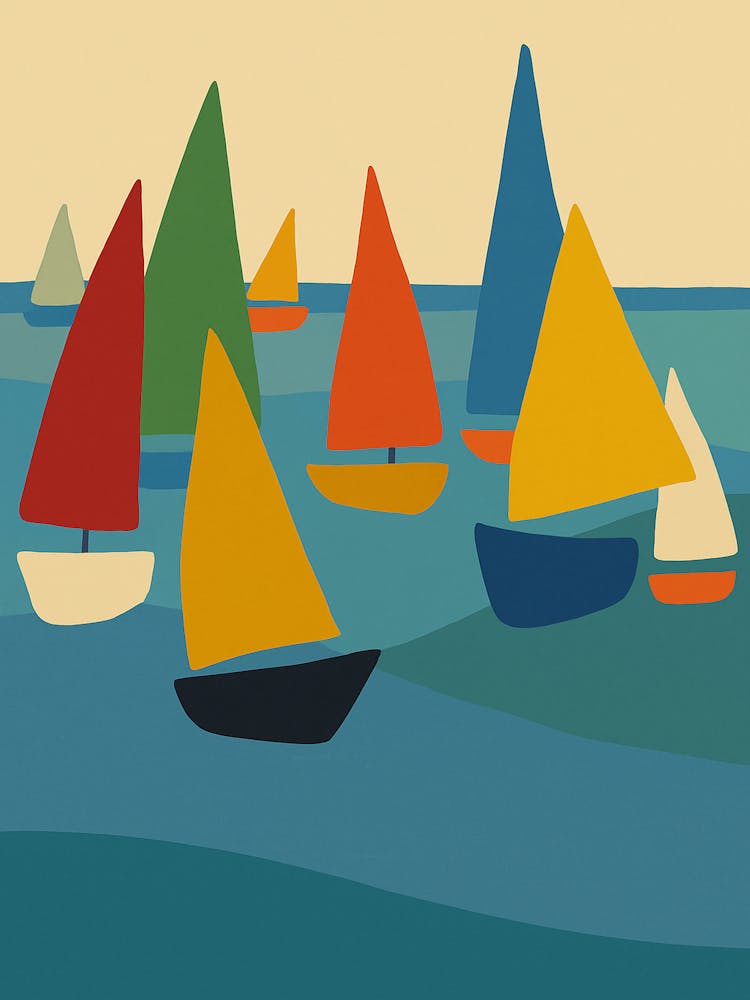 Colorful Sailboats Wall Art – Modern Nautical Printable, Minimalist Ocean Illustration, Coastal Decor for Beach House, Kids Room or Bathroom