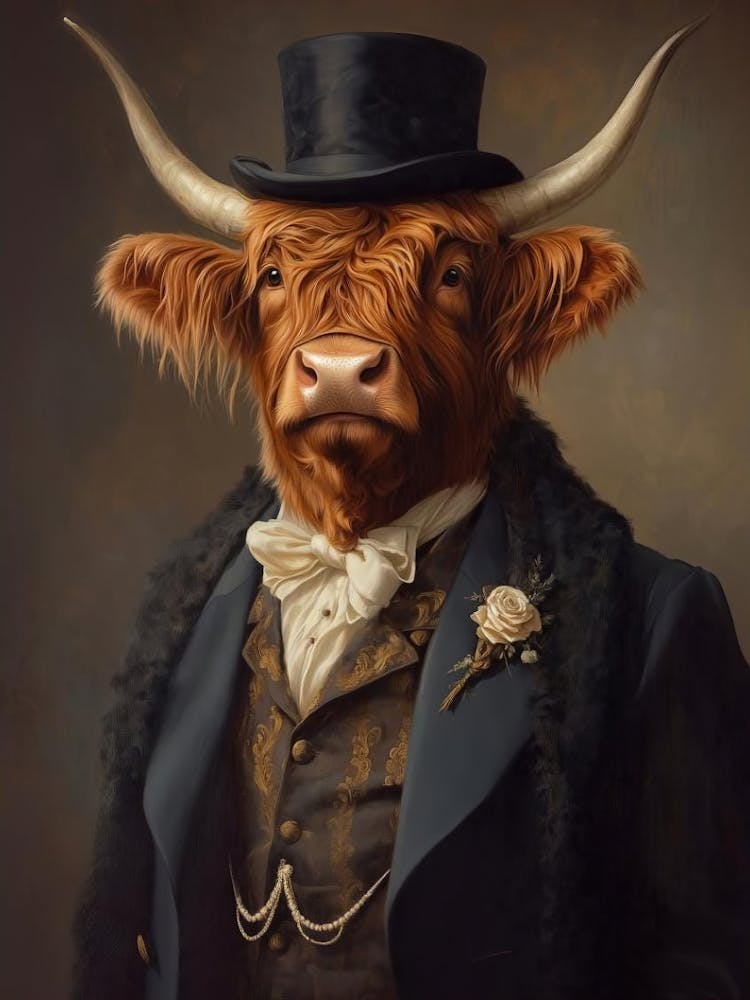 Royal Highland Cow Vintage Print, Victorian Animal Portrait, Dressed Farm Animal Altered Art, Renaissance Animal Animal Lover Gift
