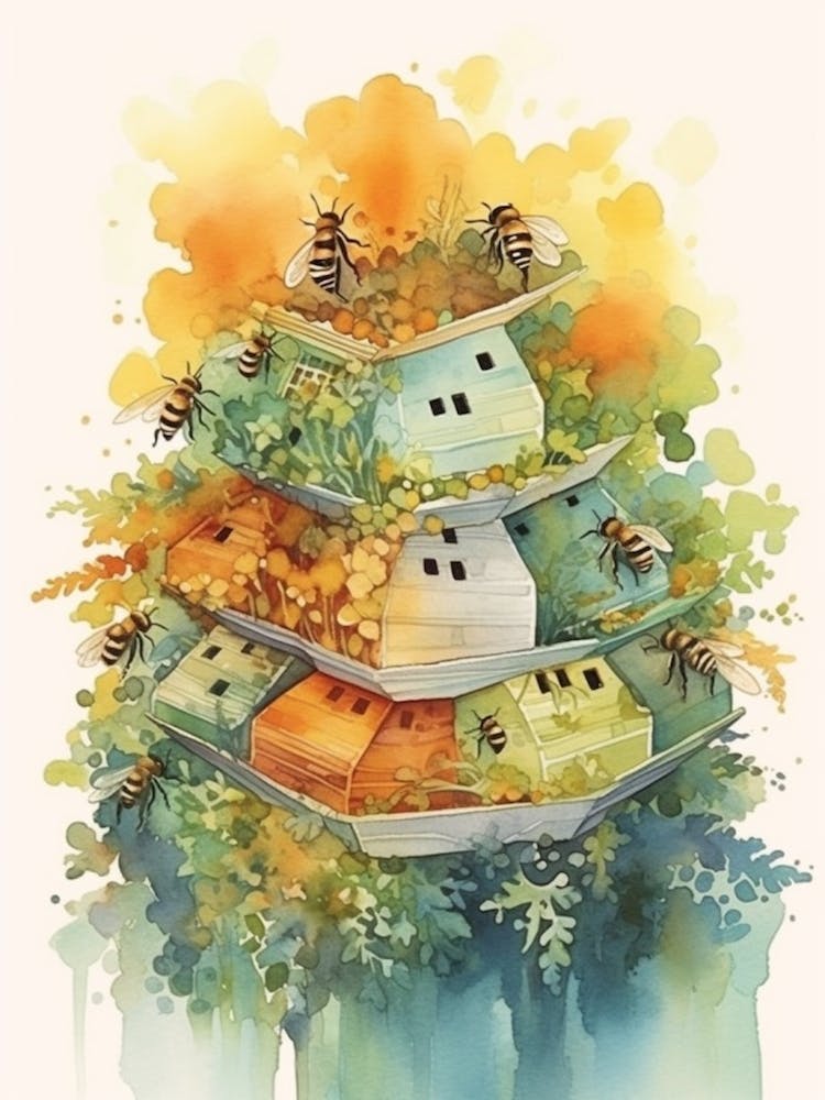 Beehives Bee Bee Beehive Watercolour Illustration 1