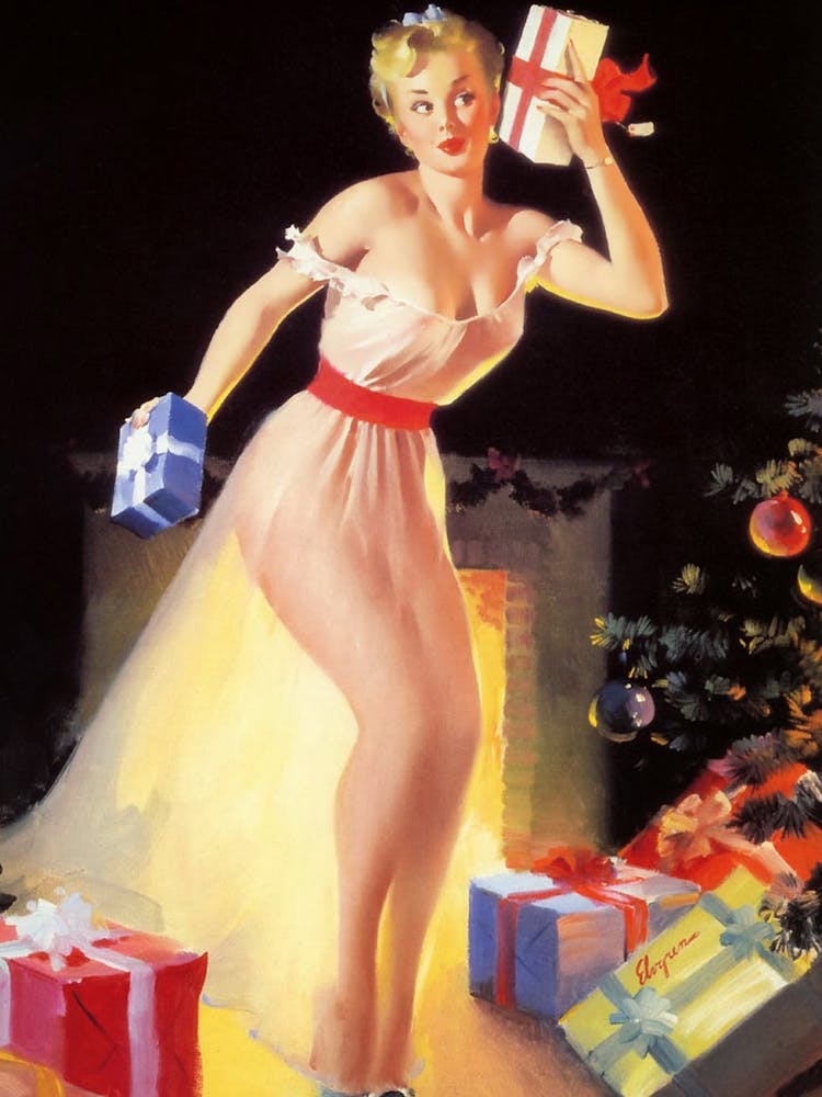 Pin-up sexy en robe blanche tenant un cadeau