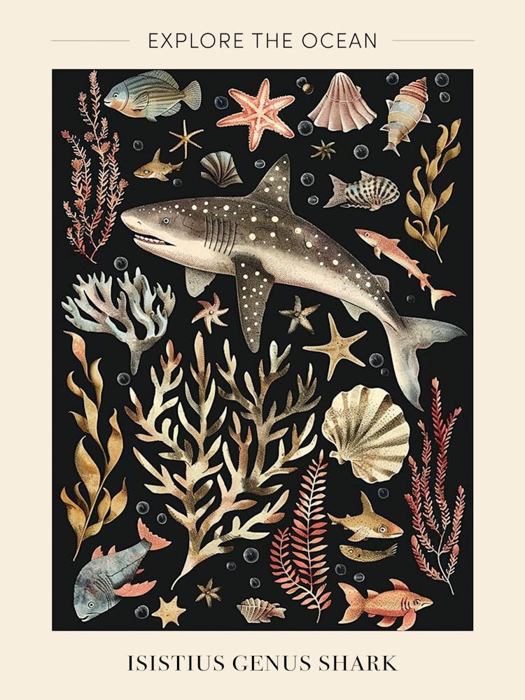Isistius Genus Shark Seascape Black Background Illustration 1 Poster