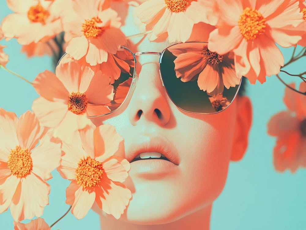 Beautiful Woman In Sunglasses With Flowers