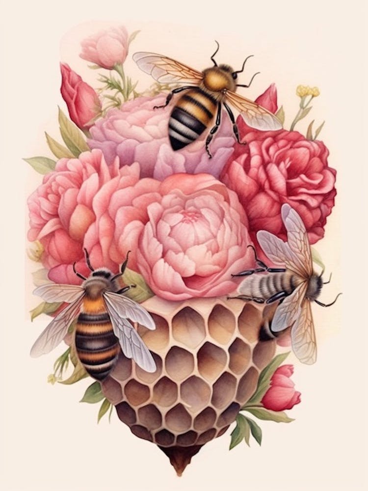 Beehive With Carnations Watercolour Illustration 4