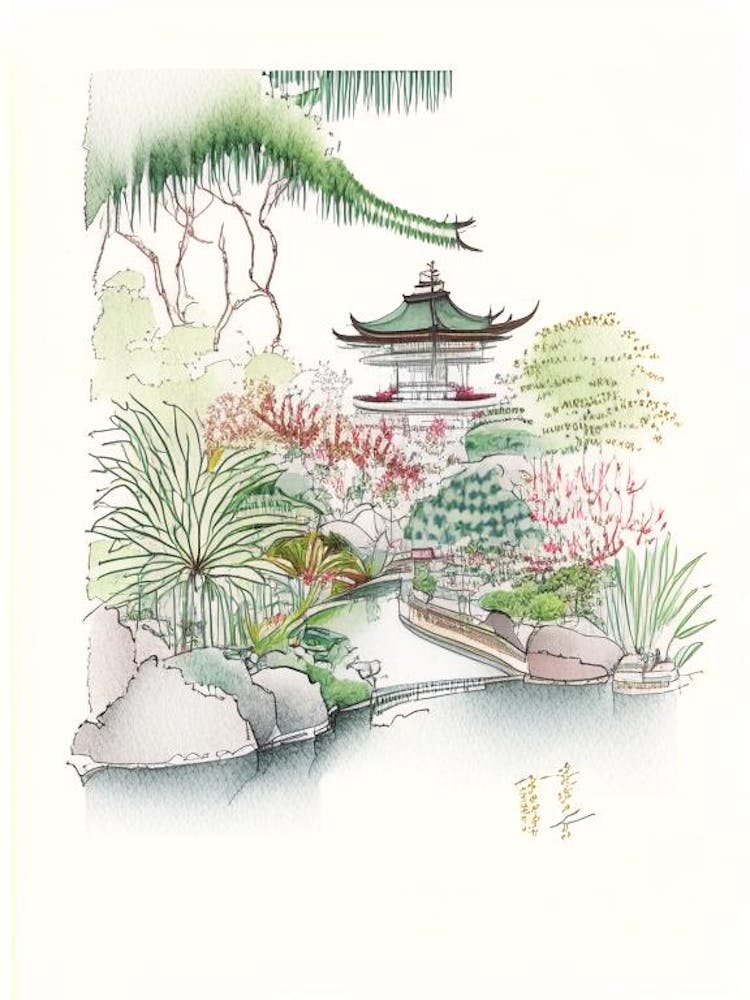 Nan Lian Garden, Hong Kong Vintage Pencil Drawing