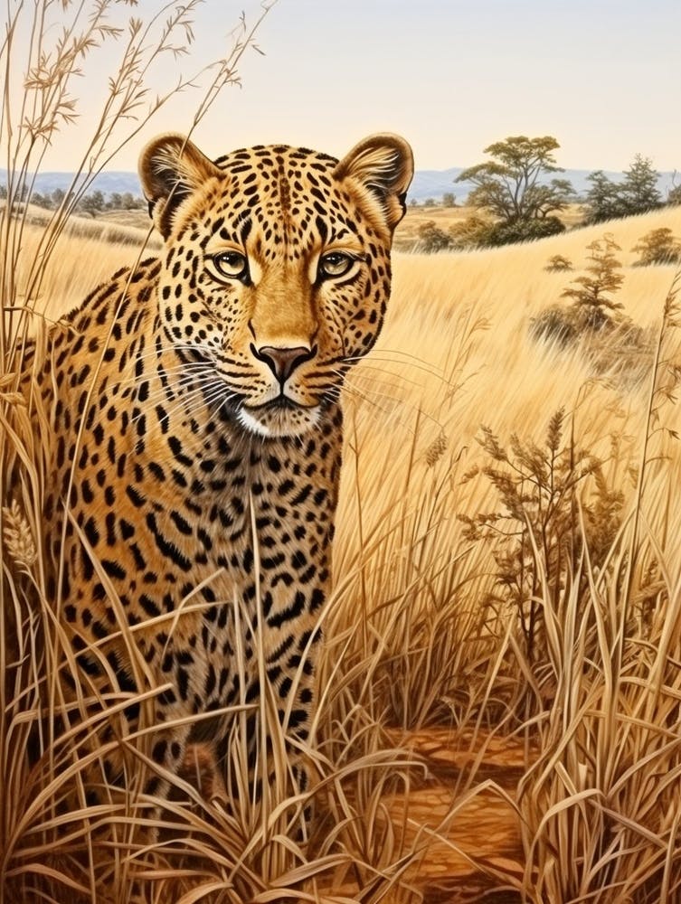 African Leopard In The Savannah Grasslands Painting 3
