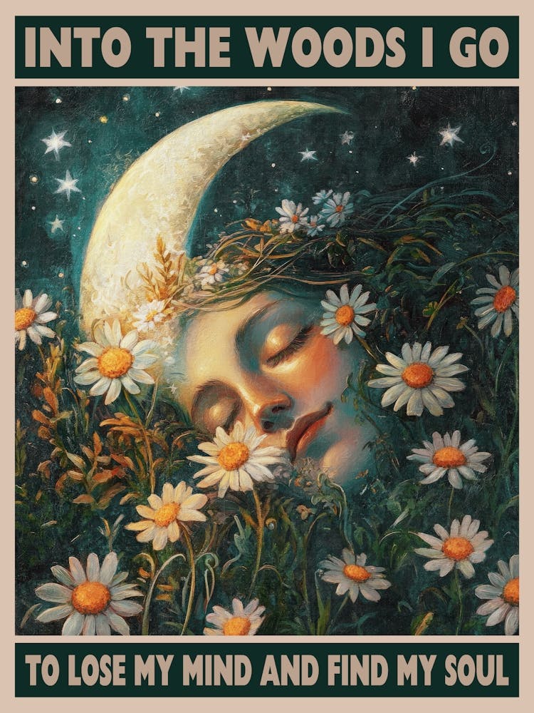 Into the woods i go Dreamy forest with moon, daisies and a sleeping woman, mystical and serene painting in the style of art nouveau and celestial surrealism – ideal for boho bedrooms, spiritual decor, or woodland themed room decor