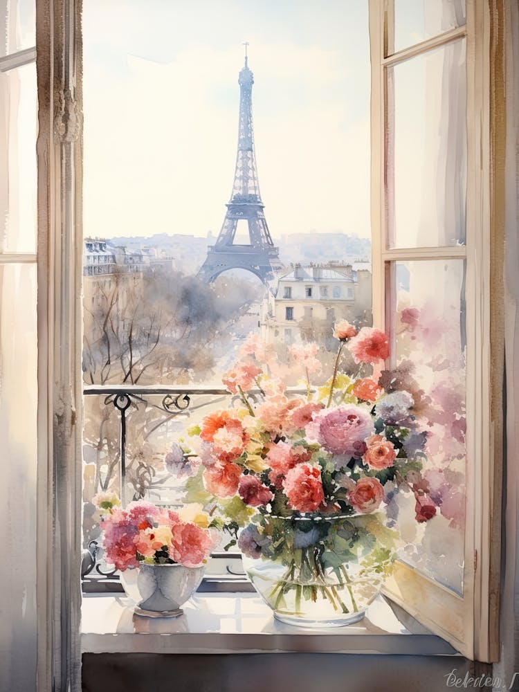 Window View Of Paris France In Autumn Fall, Watercolour 4