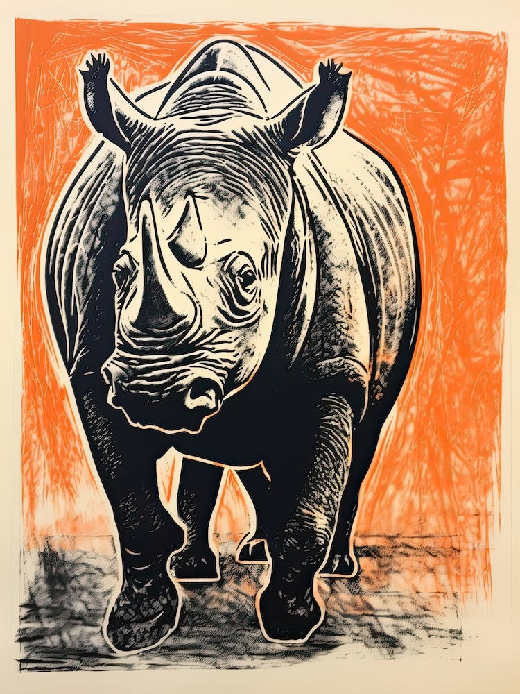 Rhino, Woodblock Animal  Drawing 4