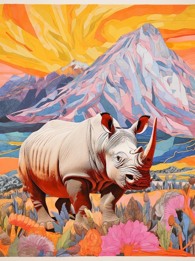 Patchwork Floral Rhino With Mountain In The Background 2
